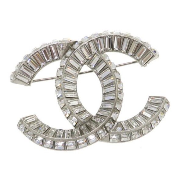 CHANEL CC Logo Rhinestone Brooch Silver Tone Pin F20V Auth - Picture 1 of 9